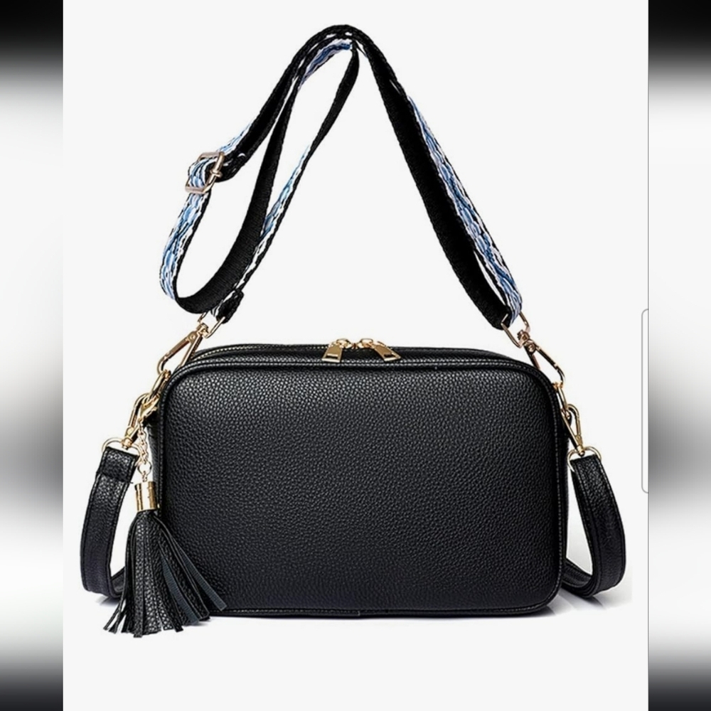 New! Vegan leather black purse with 2 shoulder straps crossbody handbag gold - Picture 1 of 10